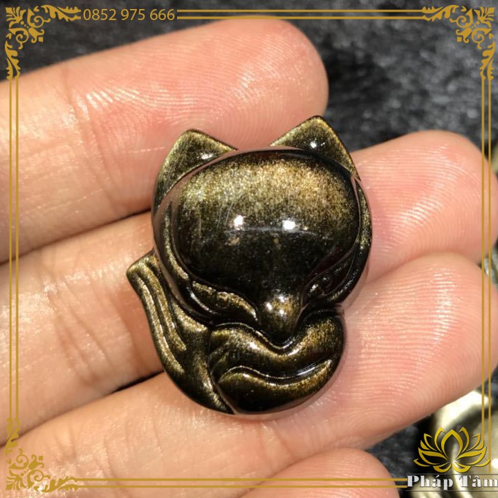 Mặt Dây Chuyền Tiểu Hồ Ly Vượng Tình Duyên Đá Obsidian Màu Vàng Đen Cao Cấp - Tâm Phong Thủy