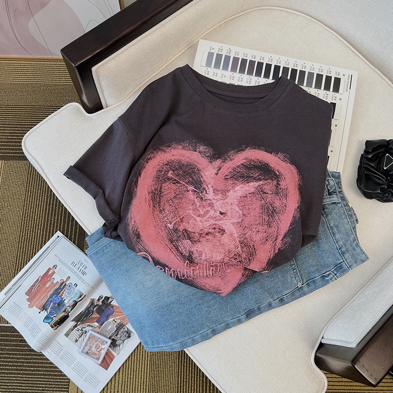 NRVP Áo thun cotton tay ngắn cổ tròn in hình trái tim thời trang mùa hè phong cách Hàn Quốc cho nữ