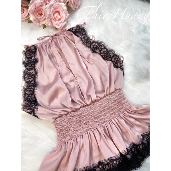 Set cổ yếm lụa mặc nhà phối viền ren đáng yêu, quyến rũ