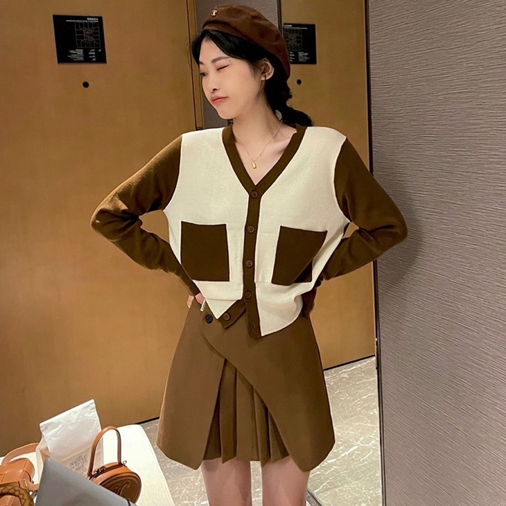【ZHELIHANGFEI】Áo Cardigan Dệt Kim Tay Dài Cổ Chữ V Lưng Cao Thời Trang