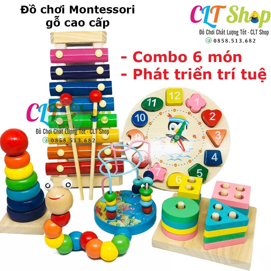 Đồ chơi gỗ montessori combo 6 sản phẩm phát triển trí tuệ cho bé