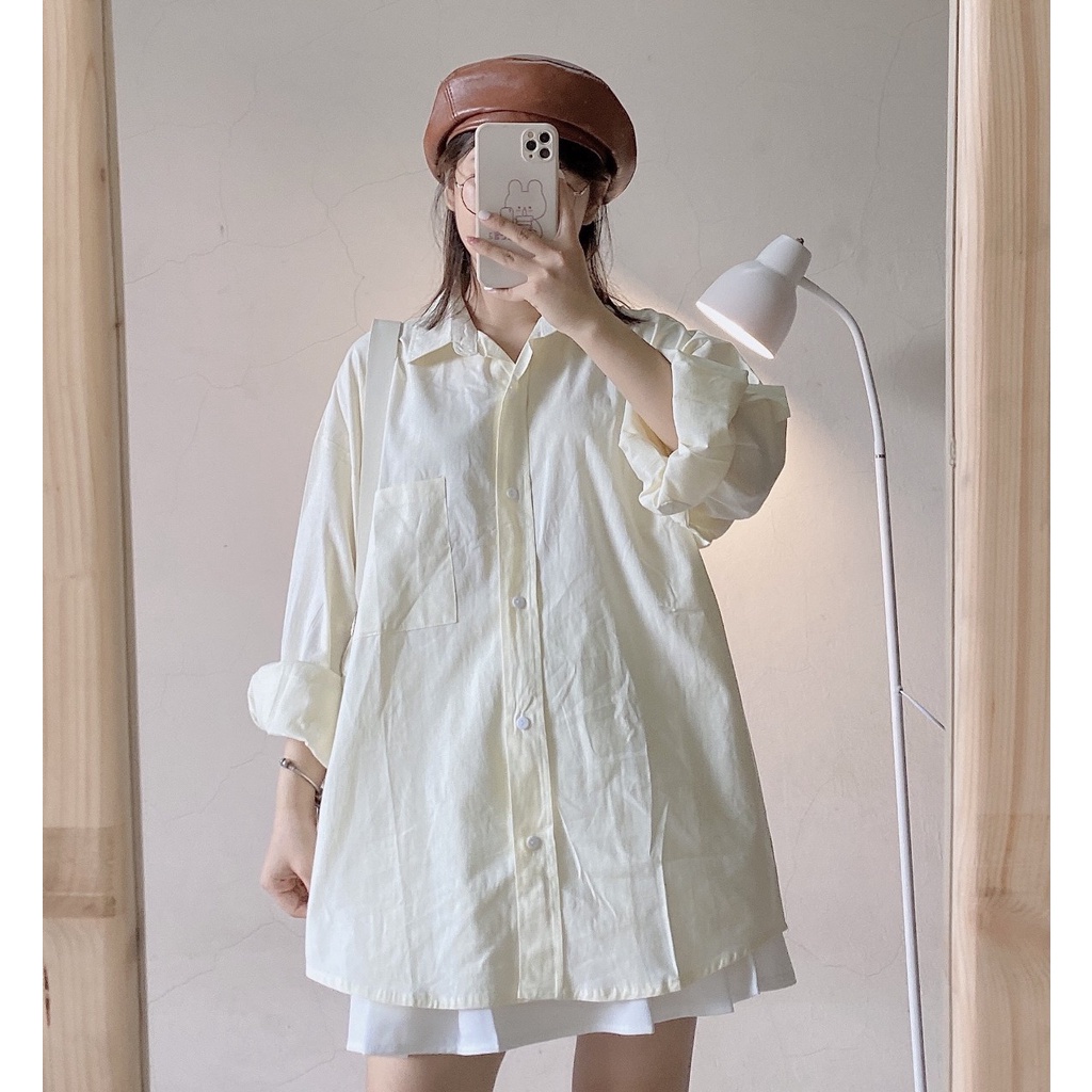 Áo sơ mi trắng Lylyshop Unisex, kiểu áo sơ mi cổ đức trơn màu vải kate cotton overisze form rộng mặc đi học đi làm