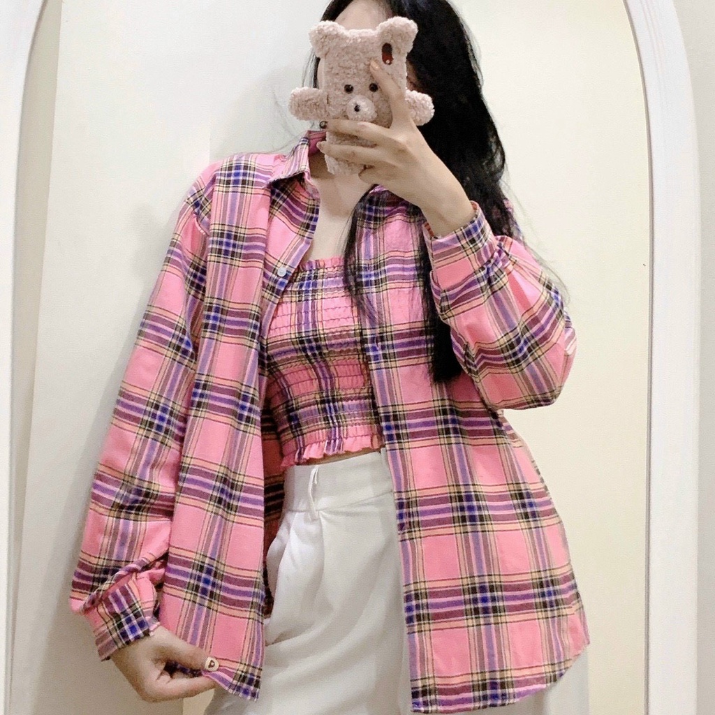 Áo trong áo ngoài sọc caro dễ thương - Shop3nunisex