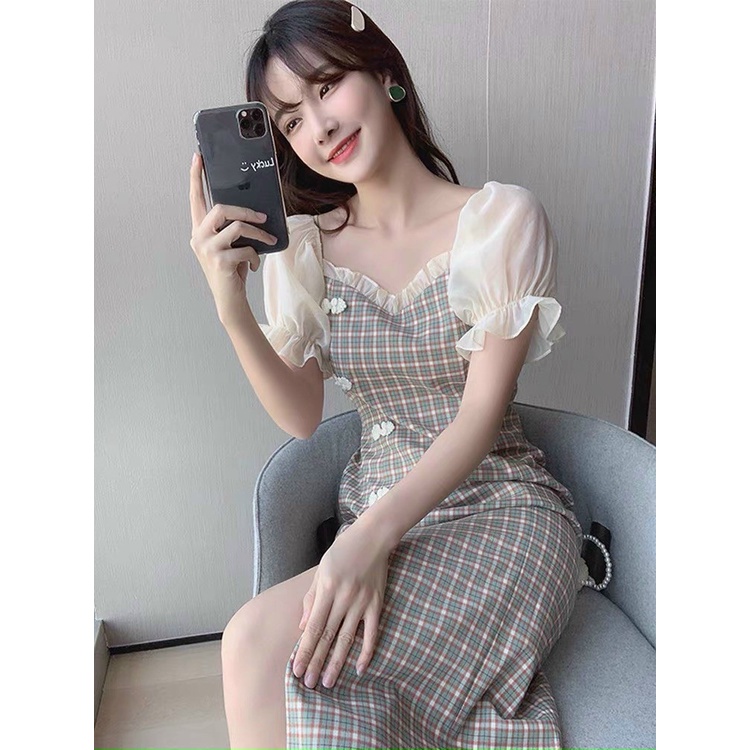 Đầm váy caro phối voan xếp ly xẻ tà xinh xắn thích hợp cho nàng dạo phố, dự tiệc