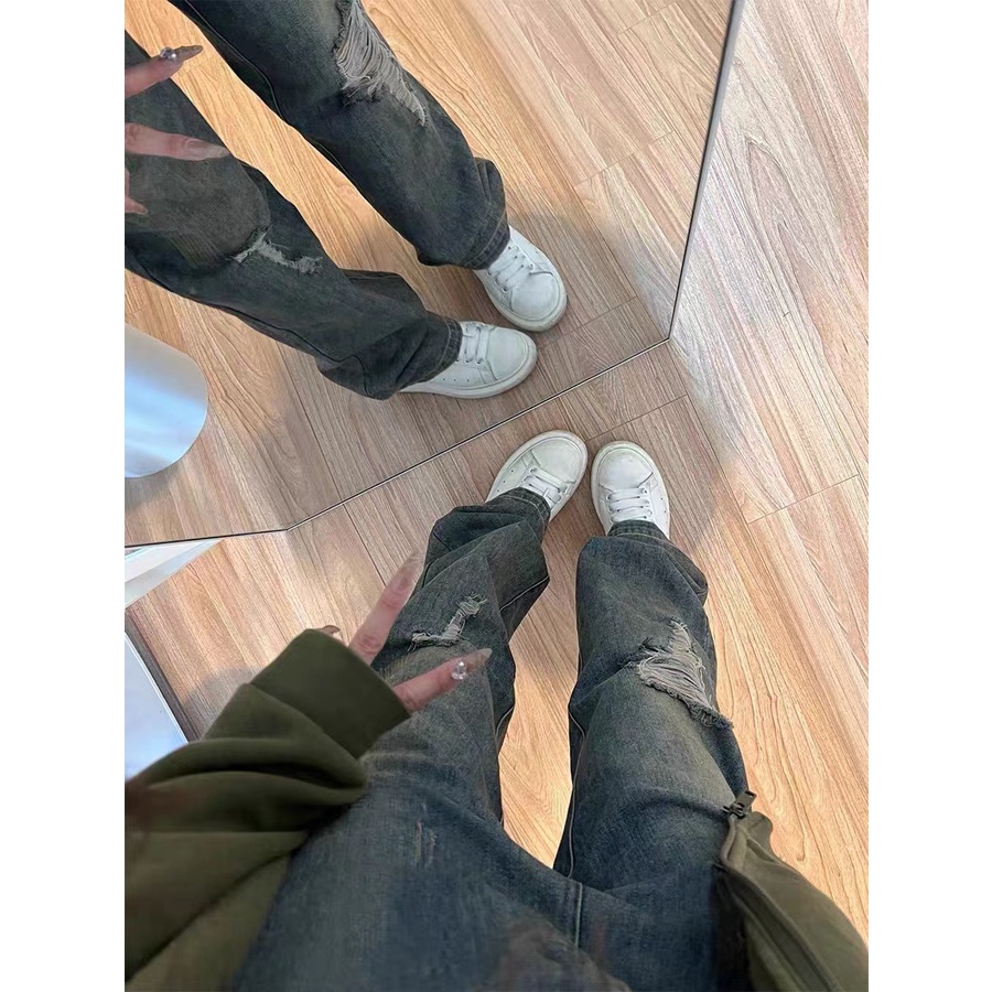 Quần jeans Nữ Lưng Cao Ống Đứng Mài Rách Thời Trang Hàn