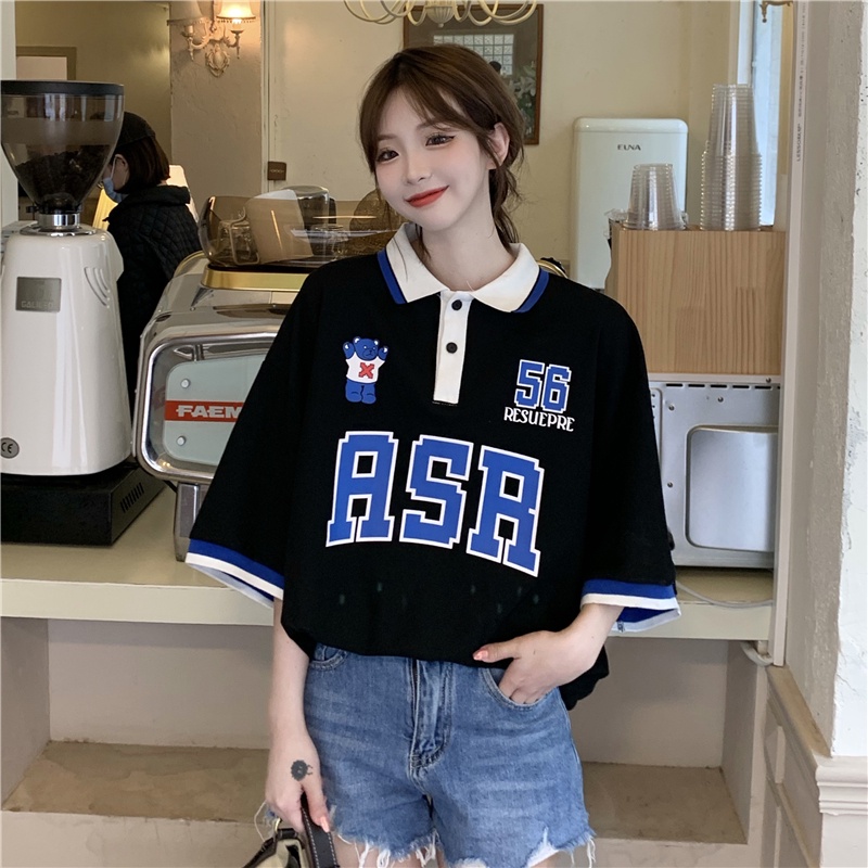 Áo polo Tay Ngắn Dáng Rộng In Chữ Phong Cách Retro Thời Trang Mùa Hè Cho Nữ