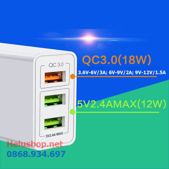 Củ sạc nhanh Quick Charge 3.0 nhỏ gọn 3 cổng USB cho điện thoại,máy tính bảng