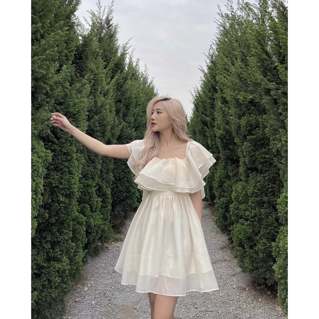 Váy babydoll trễ vai - Váy trễ vai công chúa xoè bồng chất voan đũi cát chuẩn đẹp Chang Bi Shop