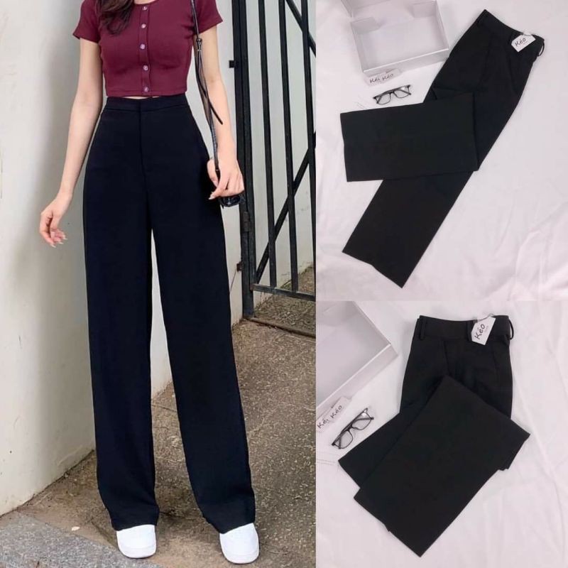 Quần ống rộng lưng cao khóa trước màu đen dáng suông đứng dài - Quần culottes ống rộng cạp cao nữ công sở chất vải mềm