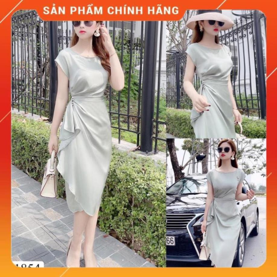 Váy lụa xanh ghi body nhún eo đính ngọc - Váy Công Sở, Dự Tiệc, Hàng Ngày - CM .