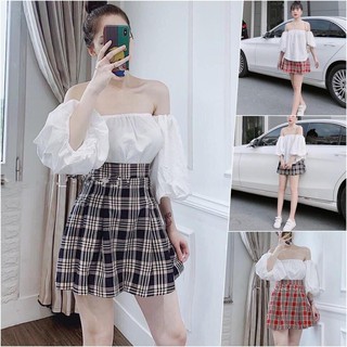 Set bộ váy caro và áo trễ vai