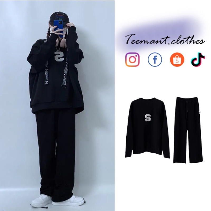 Set Bộ Nỉ Form Rộng Tay Bồng Unisex Nam Nữ ,Bộ Nỉ Áo Sweater Kèm Quần Màu Đen In Chữ S Siêu Bassic Teemant clothes