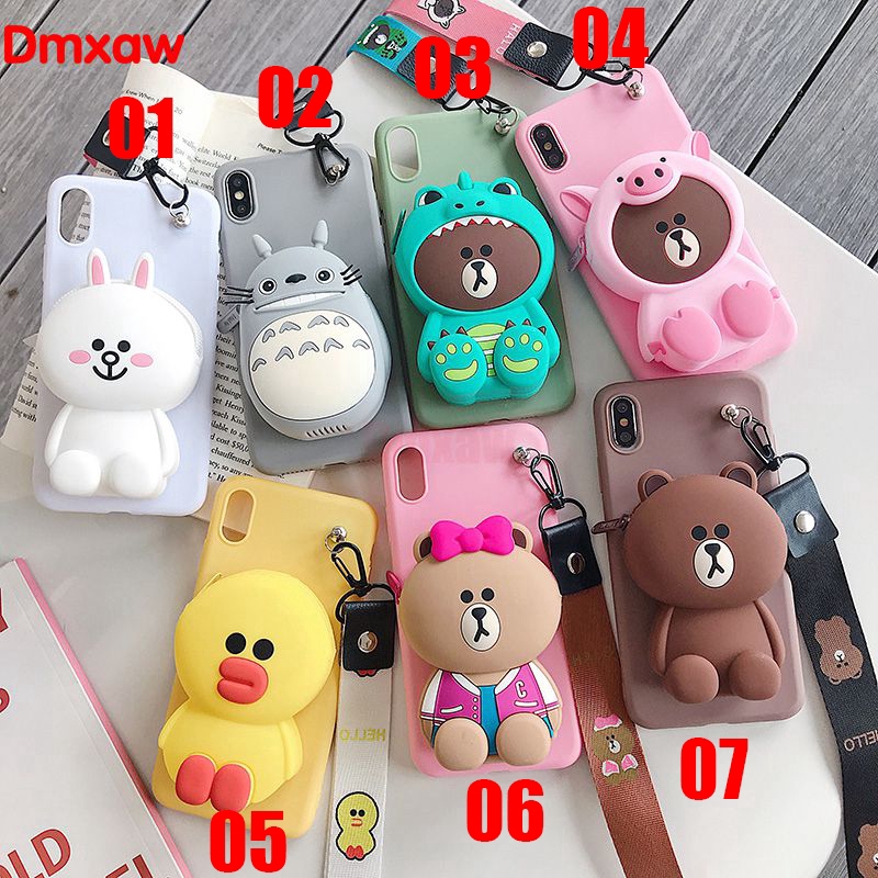 OPPO R17 Pro R15 A1K F3 F1 Plus Realme C1 A3S Case Bear Bag Cute Soft Cover Wallet Coin Purse Case+Lanyard