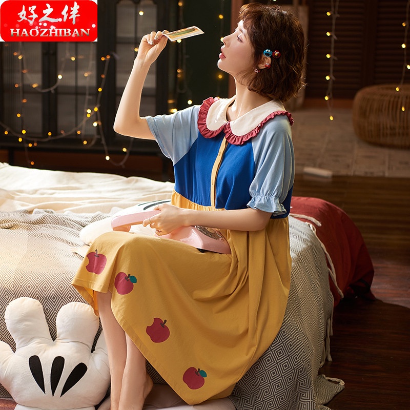 Đầm Ngủ Cotton Tay Ngắn Dáng Dài Kiểu Công Chúa Dễ Thương Cho Nữ