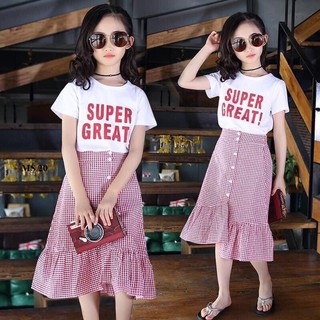 Set váy kẻ caro đuôi cá kèm áo phông dành cho bé gái