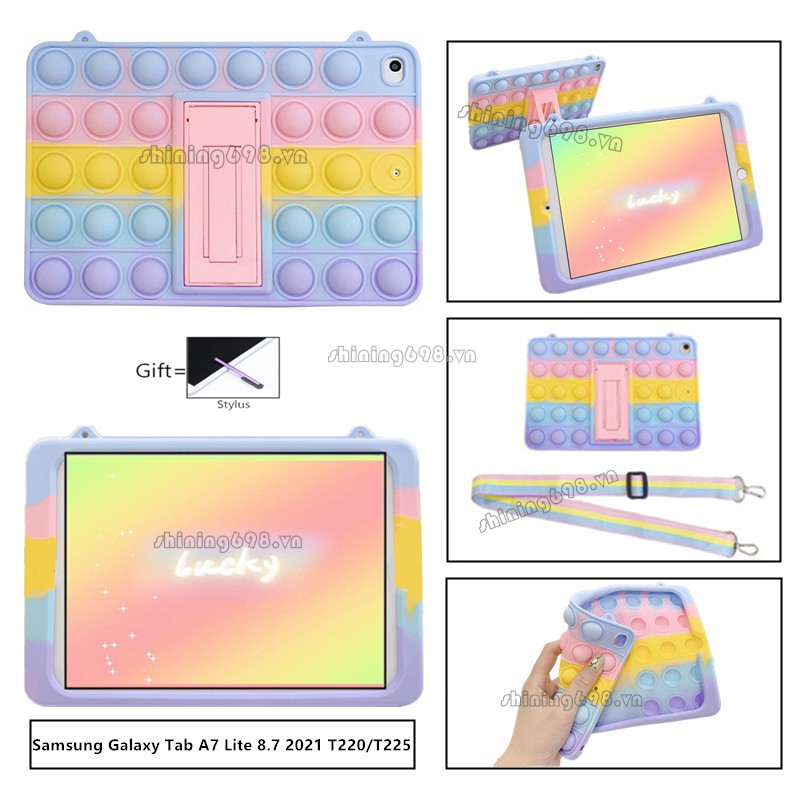 Samsung Galaxy Tab A7 Lite 8.7 2021 SM-T220 T225 Lanyard Rainbow Pattern Soft Silicone Case With Stand 3D Decompression Particle Shockproof Cover