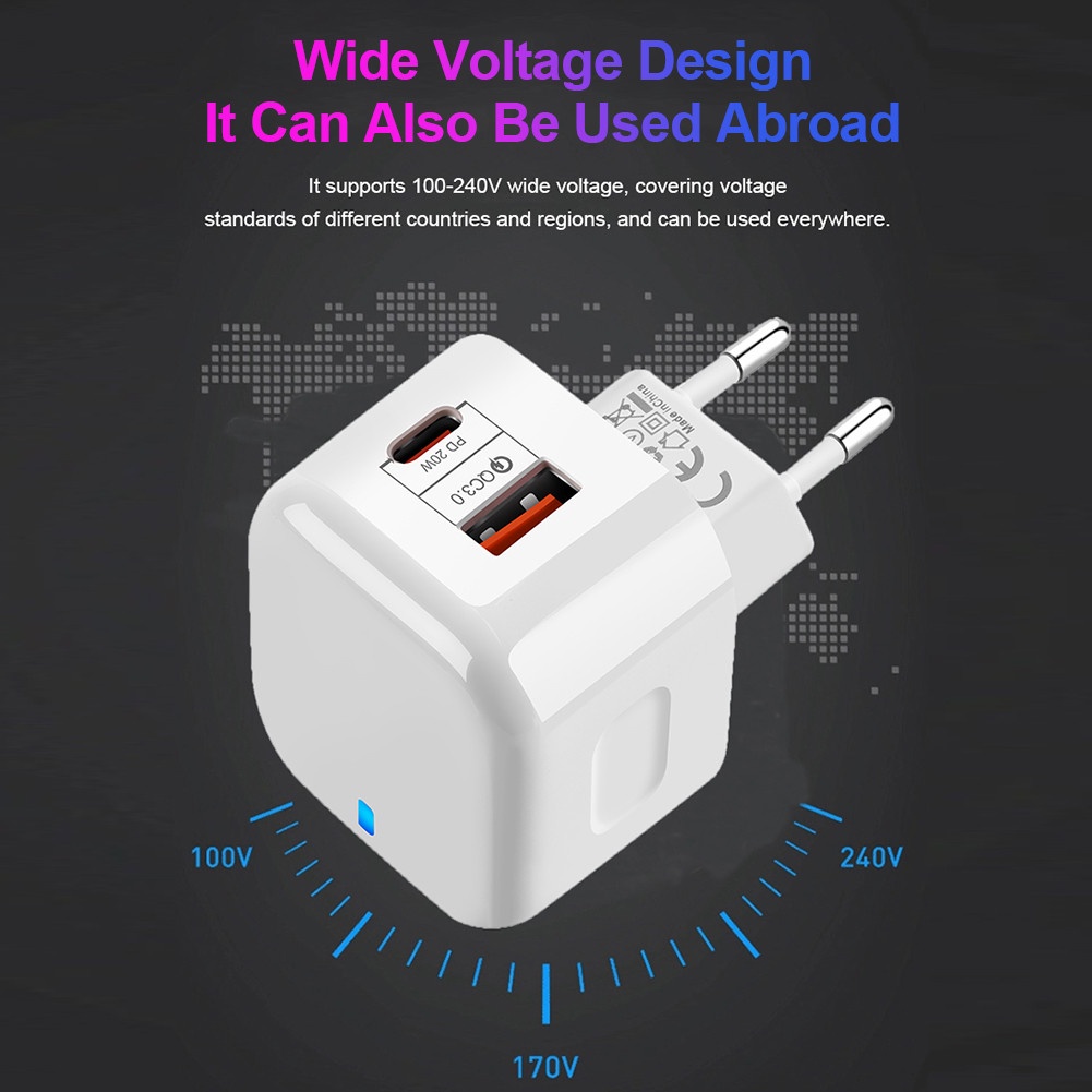 Cốc Sạc Nhanh 2 Cổng USB QC3.0 Type C PD 20W USB-C Cho Điện Thoại Android