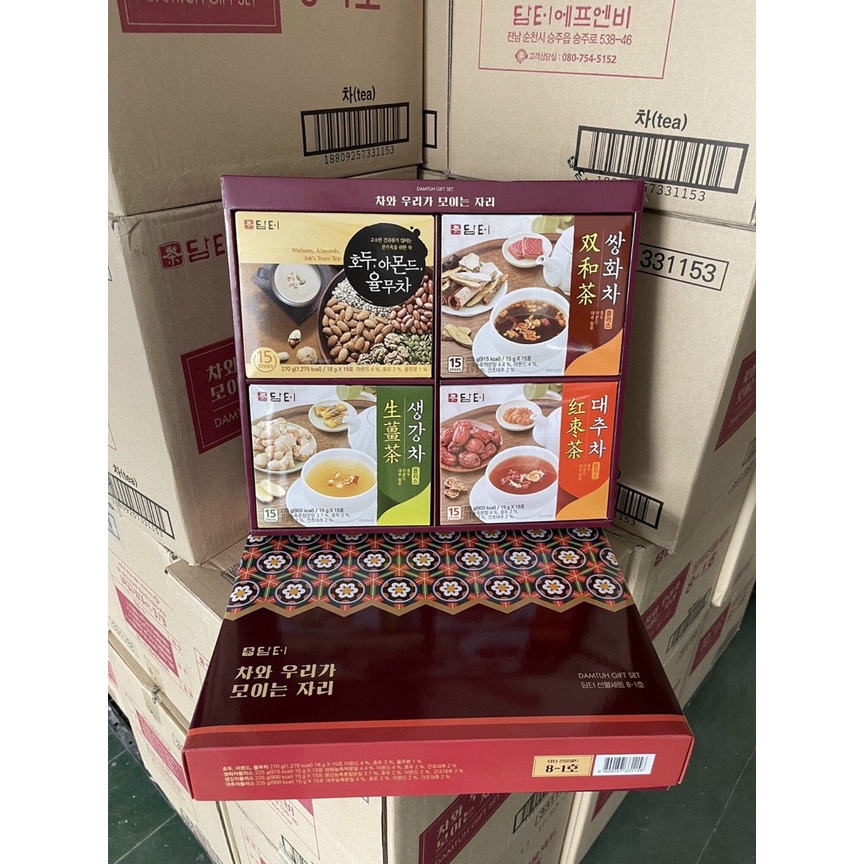 [Giỏ quà tặng lớn] Set 4 hộp ngũ cốc &amp; trà dinh dưỡng Damtuh Hàn Quốc biếu tết sang trọng