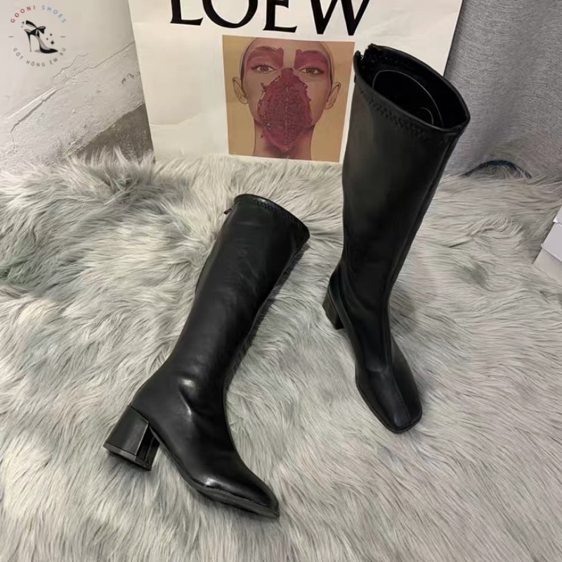 Giày bốt đùi da lót lông cao cấp, giày boot cao gót đế vuông thời trang 2022 dành cho nữ phong cách sang chảnh