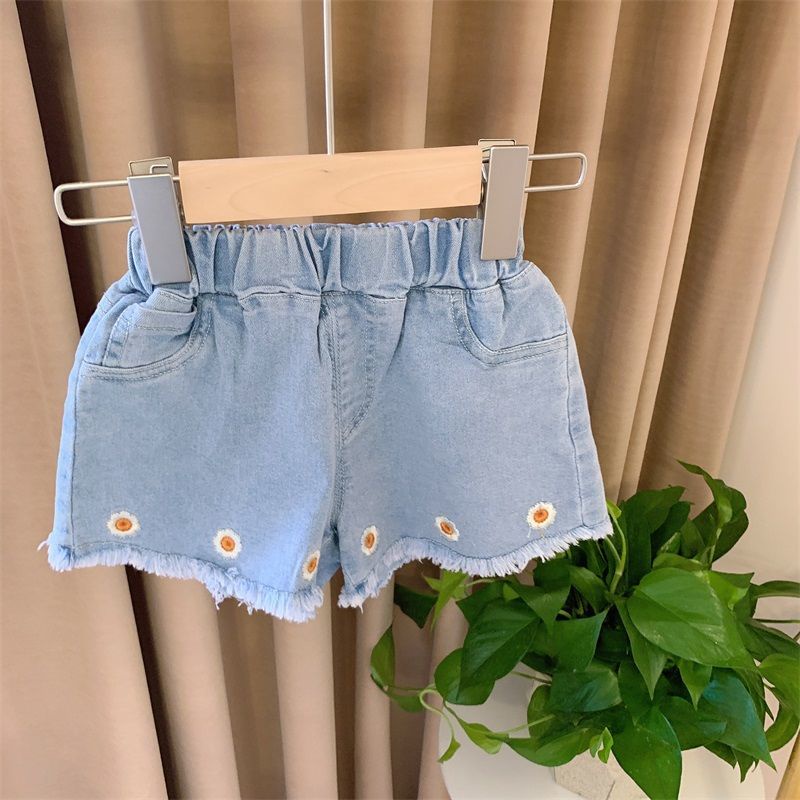 Set Áo Thun Ngắn Tay Và Quần Short Denim In Hoa Mới Cho Bé Gái