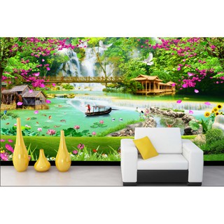 Tranh Dán Tường 3D, Phòng khách- Đã tích hợp sẵn keo-  Sơn thủy Hữu Tình