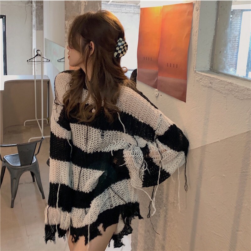 G39. 12. ÁO SWEATER LEN LƯỚI KẺ SỌC PHONG CÁCH CÁ TÍNH