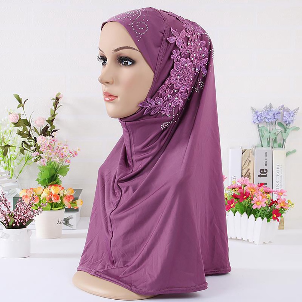 Khăn Trùm Đầu Màu Trơn Phối Ren Đính Đá Phong Cách Hồi Giáo Cho Nữ