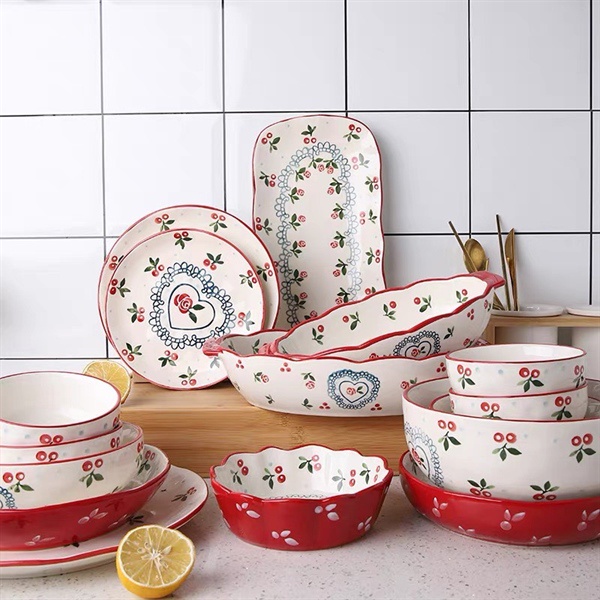 Khay sứ vuông Cherry 2 quai họa tiết cherry nấu ăn siêu đẹp