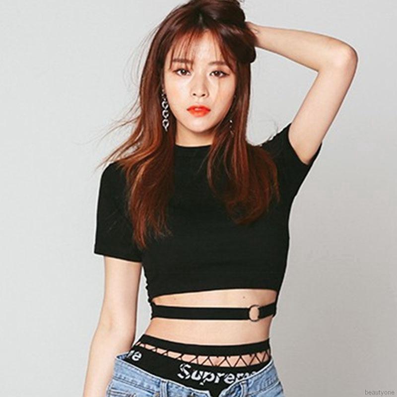 Áo croptop cổ tròn tay ngắn phối vòng khóa kim loại gợi cảm cho nữ