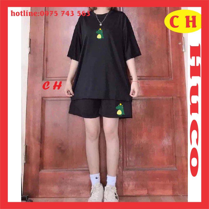 áo thun, phông hè ngắn tay khủng long đội gà cotton + quần đùi ống rộng logo, sét đồ bộ nam nữ unisex freesize nam nữ