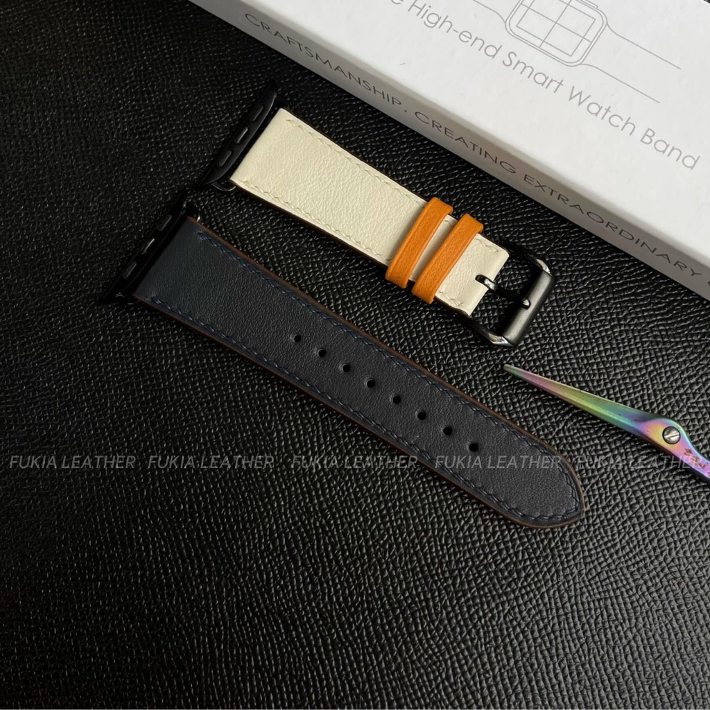 Dây da thủ công Swift đen trắng mix cam dành cho Apple Watch, đồng hồ thông minh, đồng hồ cơ - DDTC110