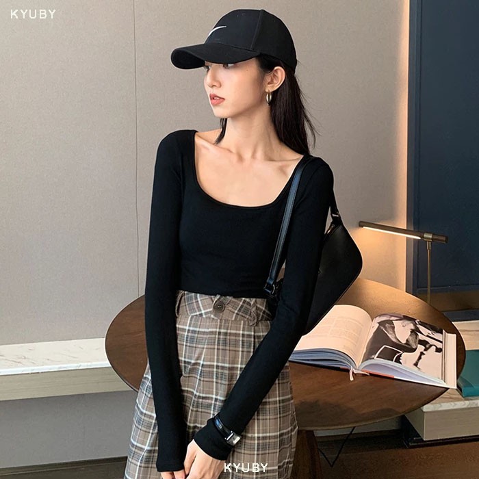 Áo croptop tay dài cổ vuông KYUBY Áo Thun dài tay cổ vuông dáng croptop