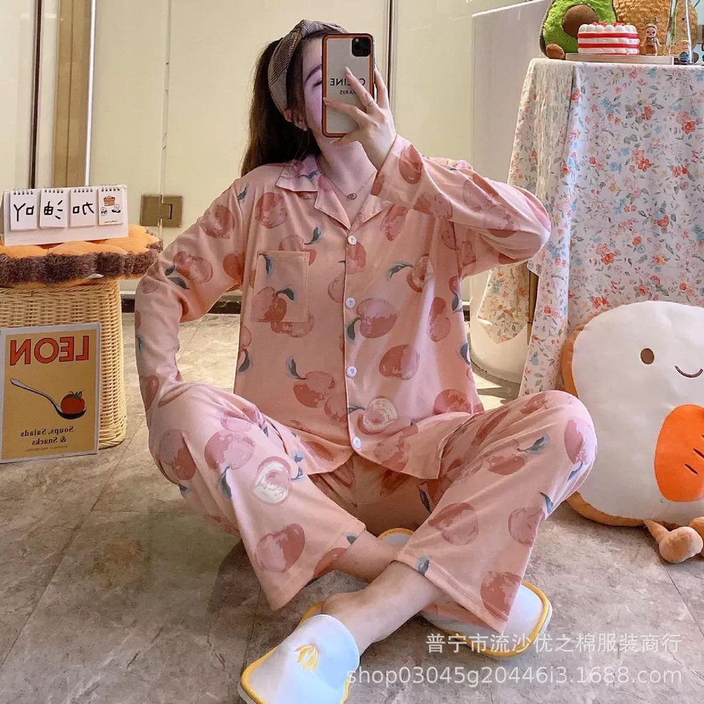 [Sẵn] Đồ bộ bông lanh Quảng Châu, pijama quần dài tay dài, đồ mặc ở nhà họa tiết hoạt hình dễ thương