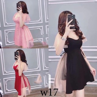 Đầm Dự Tiệc Tay Lưới Phồng Phối Lưới Viền Bên Hông