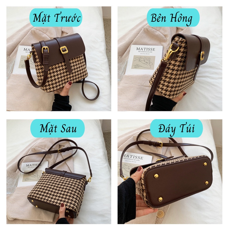 Túi xách đeo chéo hình hộp phối dạ kẻ kiểu Hàn Quốc SONASI TXN004