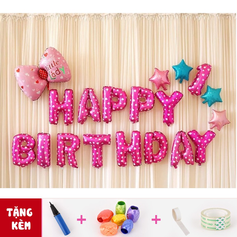 Combo Bóng Sinh Nhật Happy Birth Day Cho Bé Gái Hình Nơ Hồng (kèm bơm bóng + băng dính)