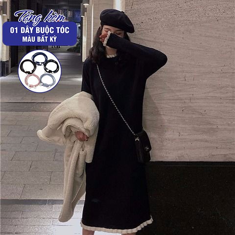 Váy len Free Size dáng suông dài cổ tròn màu đen