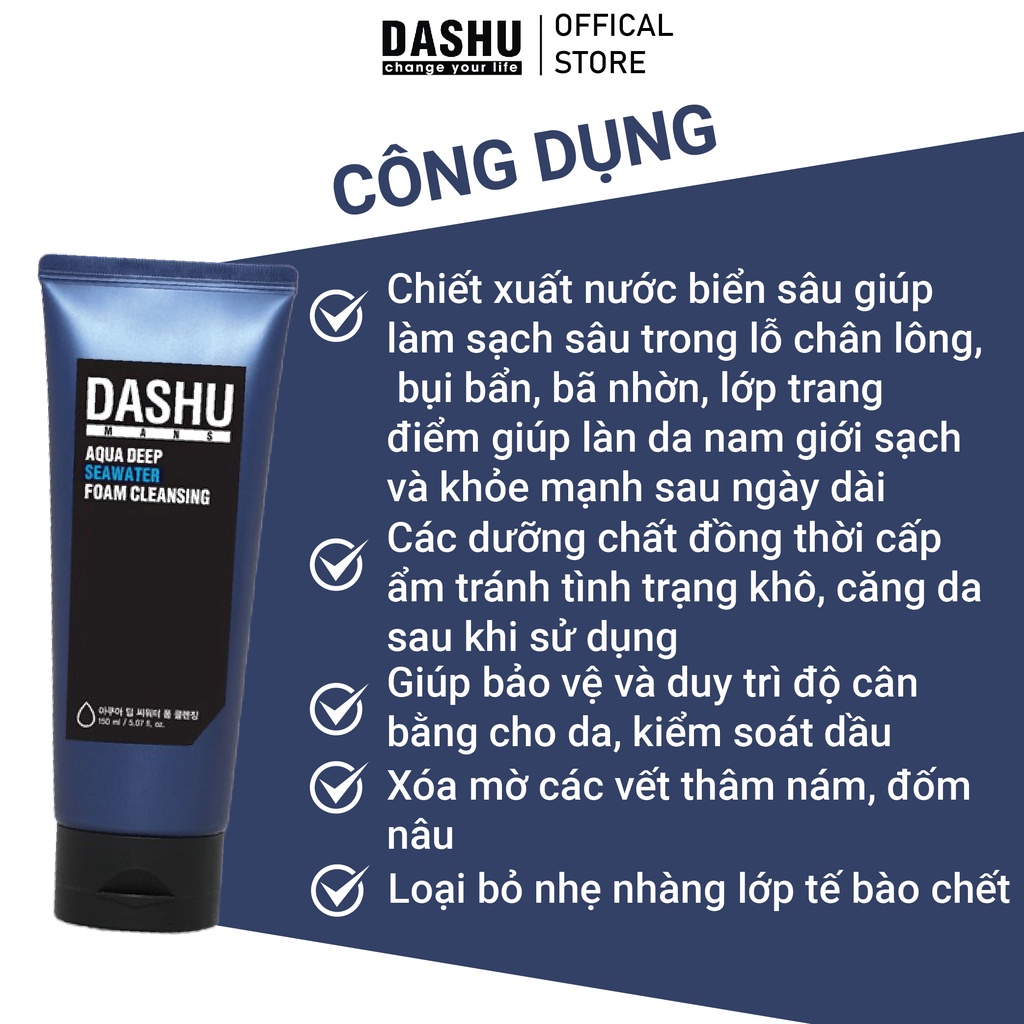 Sữa rửa mặt nam sạch sâu kiểm soát nhờn dành cho mọi loại da DASHU Aqua Deep Seawater