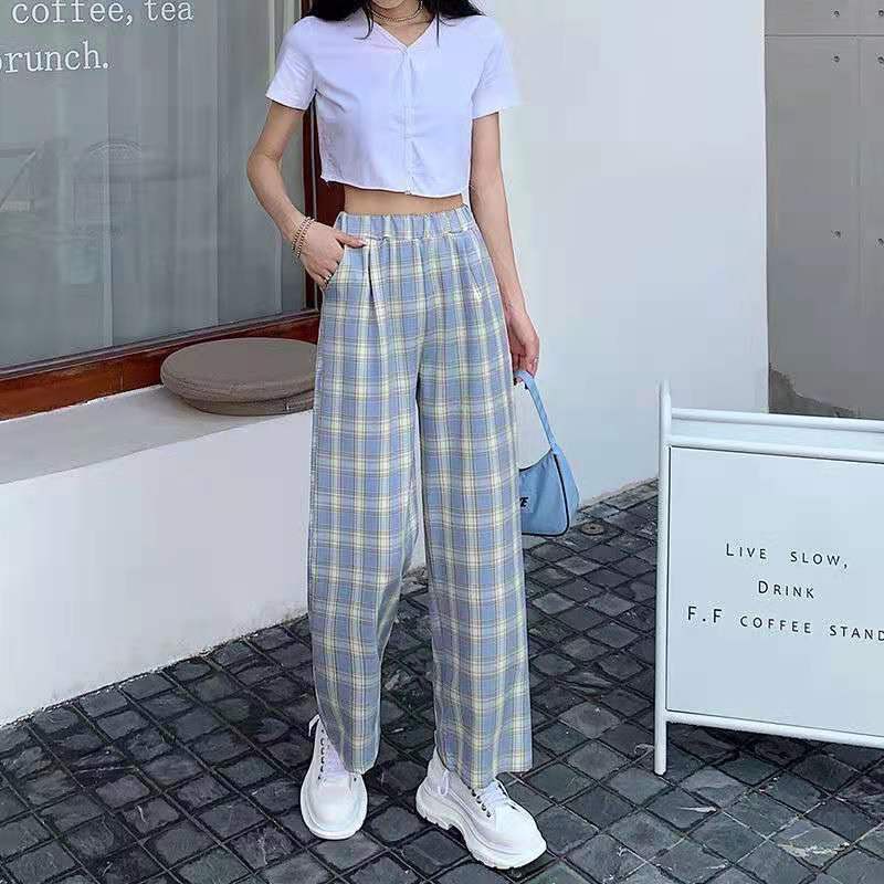 Straight loose pants women clothes plaid casual trousers women plus size fat MM hanging pants trousers