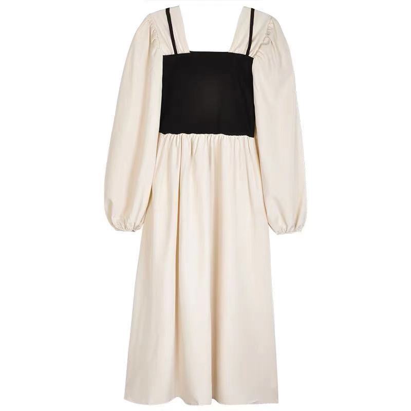 IELGY  Đầm Nữ Dài Tay Cổ Tròn Giả Hai Lớp Thời Trang Hàn