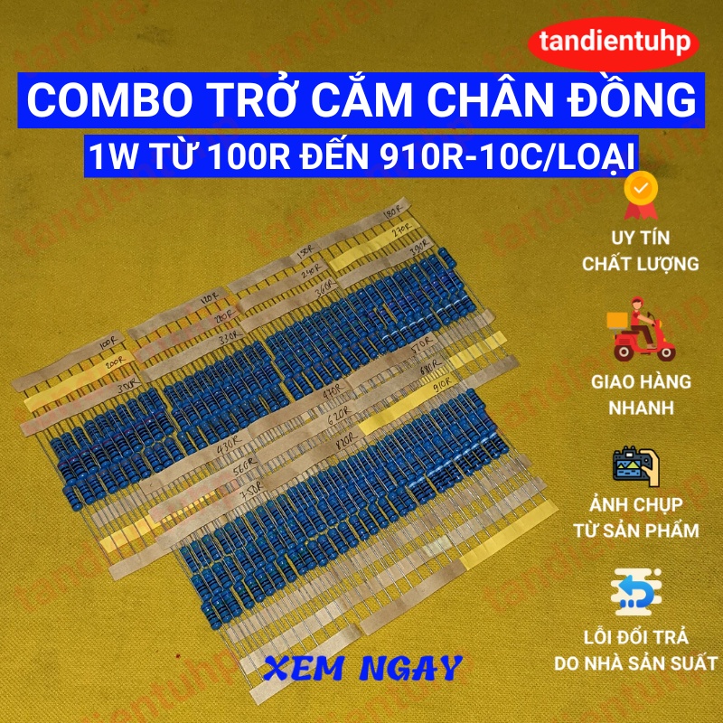 Trở cắm 1W màng kim loại, chân Đồng, sai số 1% , 21 mã từ 100R đến 910R mỗi mã 10 chiếc, thương hiệu Đài Loan