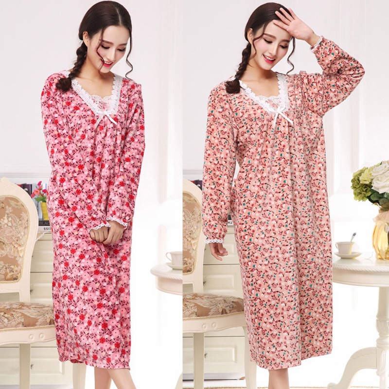 Đầm Ngủ Tay Phồng Dài Cổ Chữ V Phối Ren In Hoa Plus Size