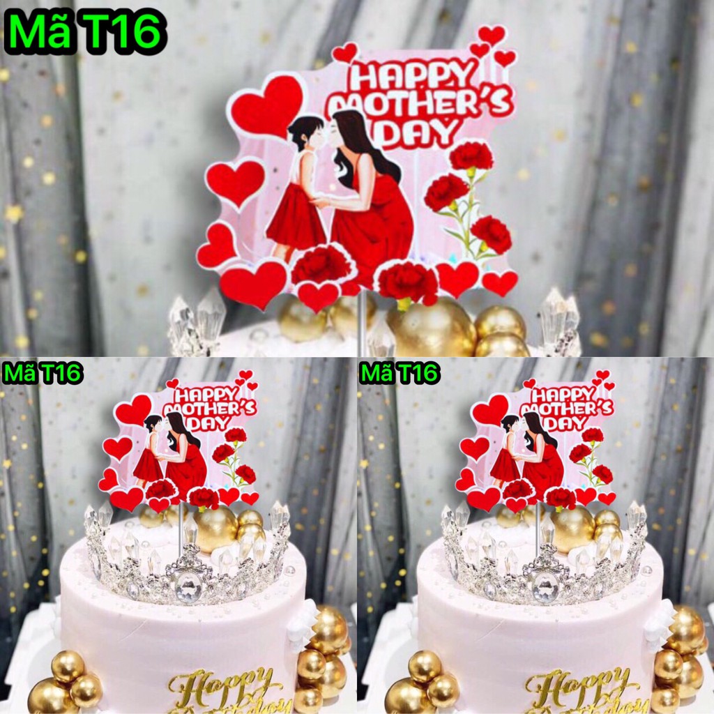 Phụ Kiện Bánh Sinh Nhật Bánh Kem - SET 10 THẺ CẮM GIẤY HAPPY MOTHER'S DAY Mãu T16