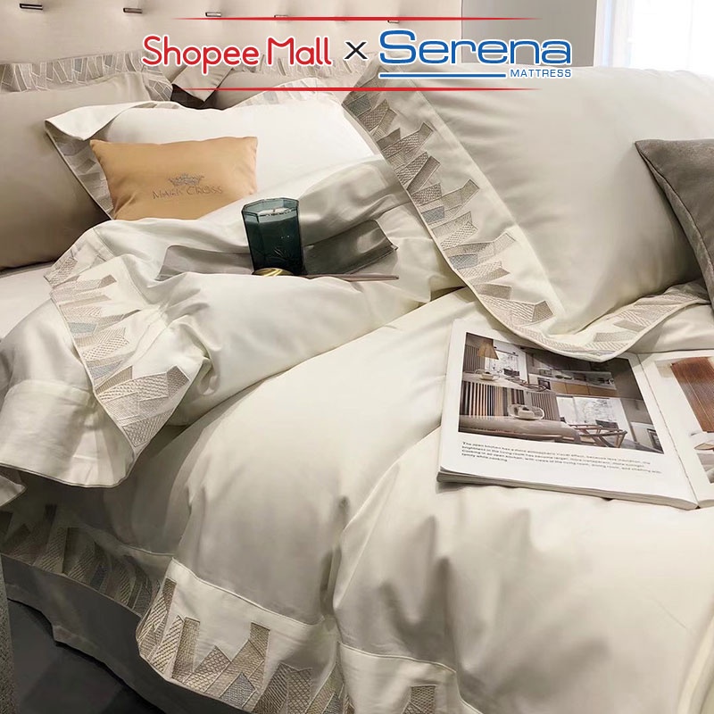 Bộ Ra Giường 5 Món Lụa Satin SERENA Chính Hãng Set Combo Full Chăn Ga grap Drap Gối Đệm Trần Bông Trải Giường Cao Cấp