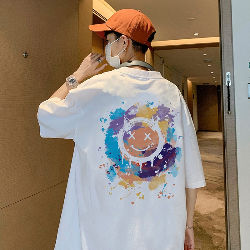 Áo thun tay ngắn dáng rộng in hình mặt cười phong cách mùa hè thời trang cho nam