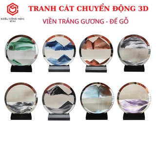 Tranh cát chuyển động 3d viền tráng gương - đế gỗ, tranh cát chảy nghệ thuật trang trí để bàn decor làm quà tặng cao