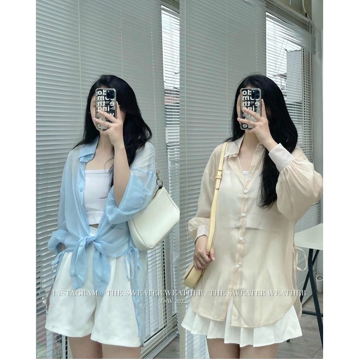 Áo sơ mi nữ khoác ngoài voan tơ mỏng dài tay bồng dây eo, Áo sơ mi nữ đi biển form rộng ovesize buộc nơ sườn Ulzzang
