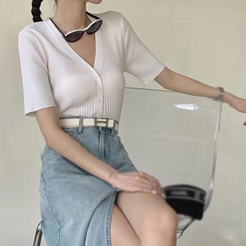 Áo Cardigan Dệt Kim Tay Ngắn Cổ Chữ V Màu Sắc Trơn Thời Trang Mùa Hè Dành Cho Nữ