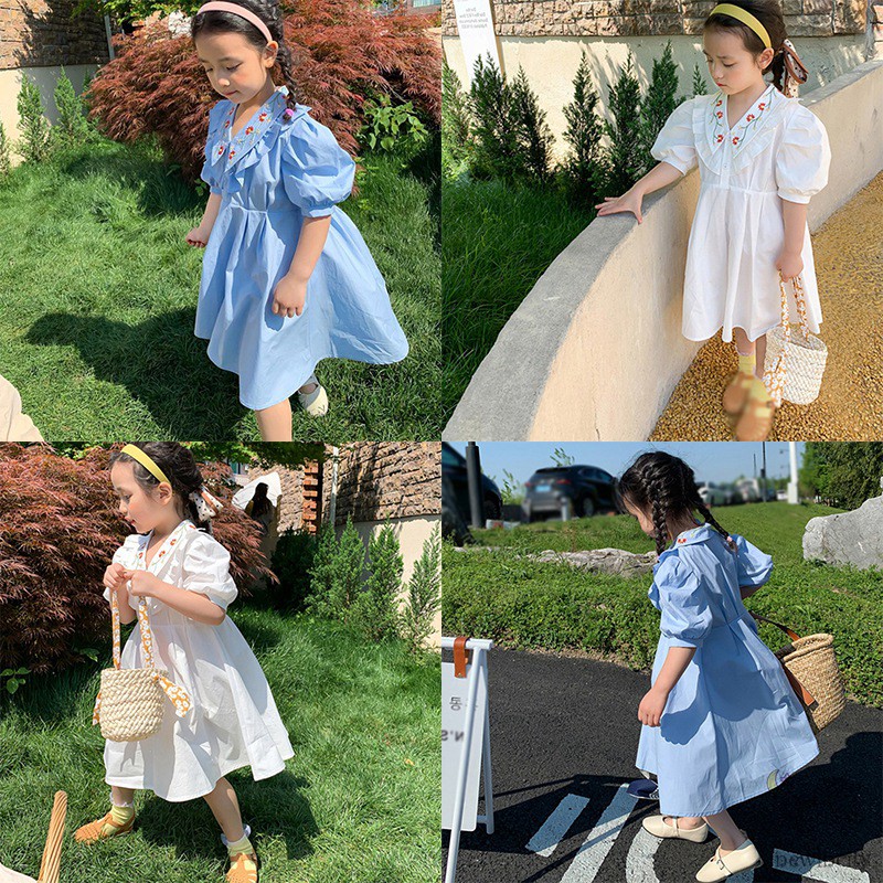 Đầm Tay Phồng Thêu Hoa Đáng Yêu Dành Cho Bé Gái