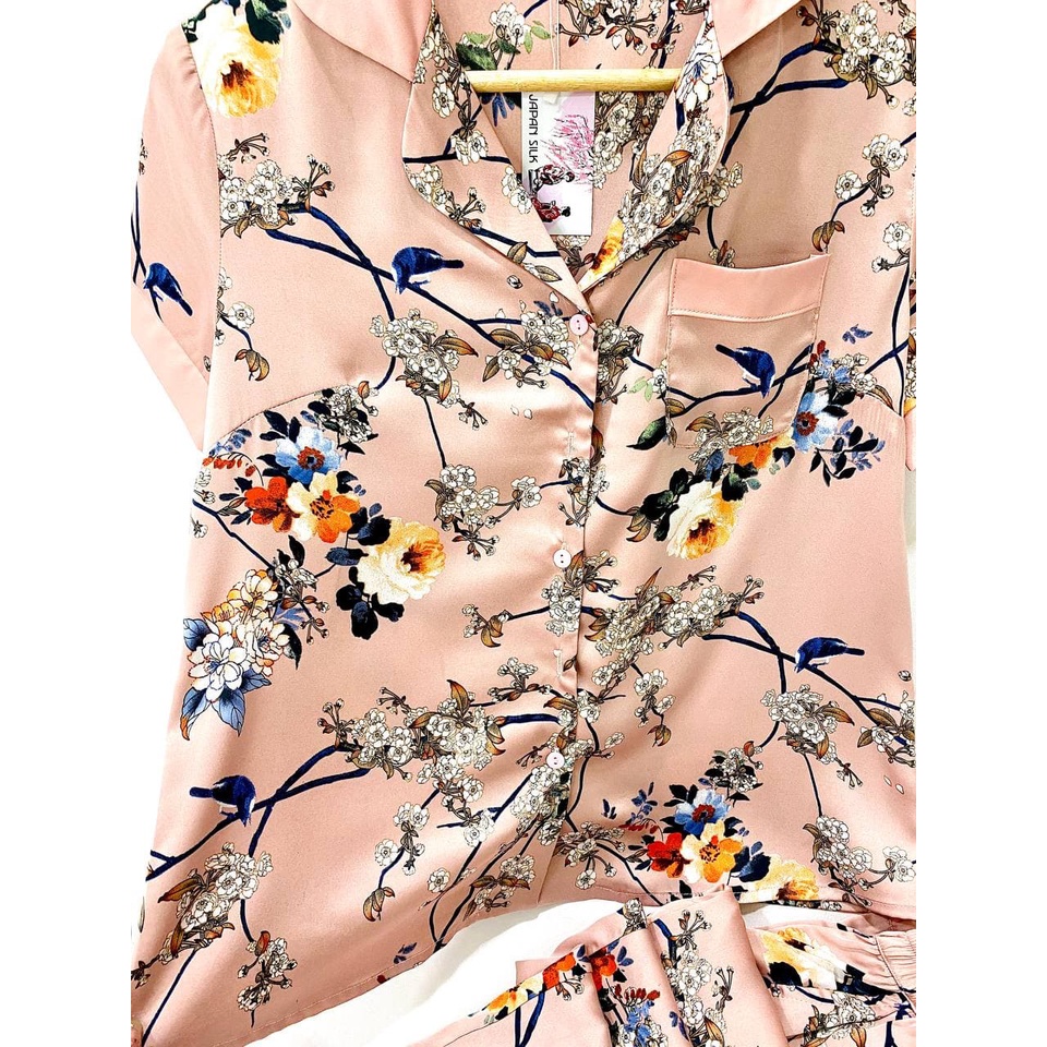 JAPAN SILK - Bộ pijama lụa satin Nhật họa tiết cành hồng đá trang nhã